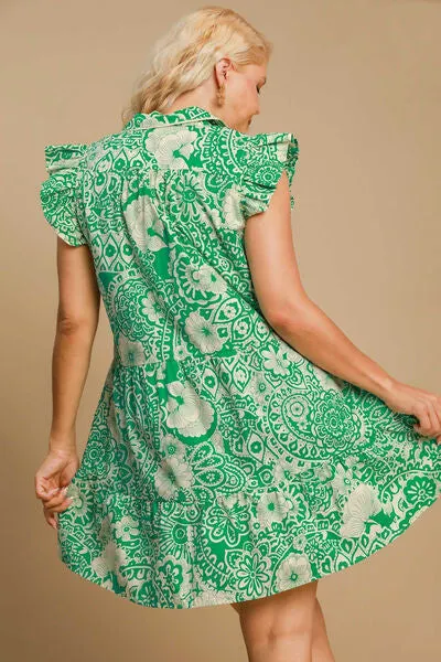 Green Printed Ruffle Cap Sleeve Babydoll Dress Small - 2XL