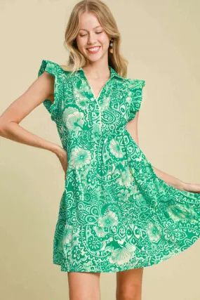 Green Printed Ruffle Cap Sleeve Babydoll Dress Small - 2XL