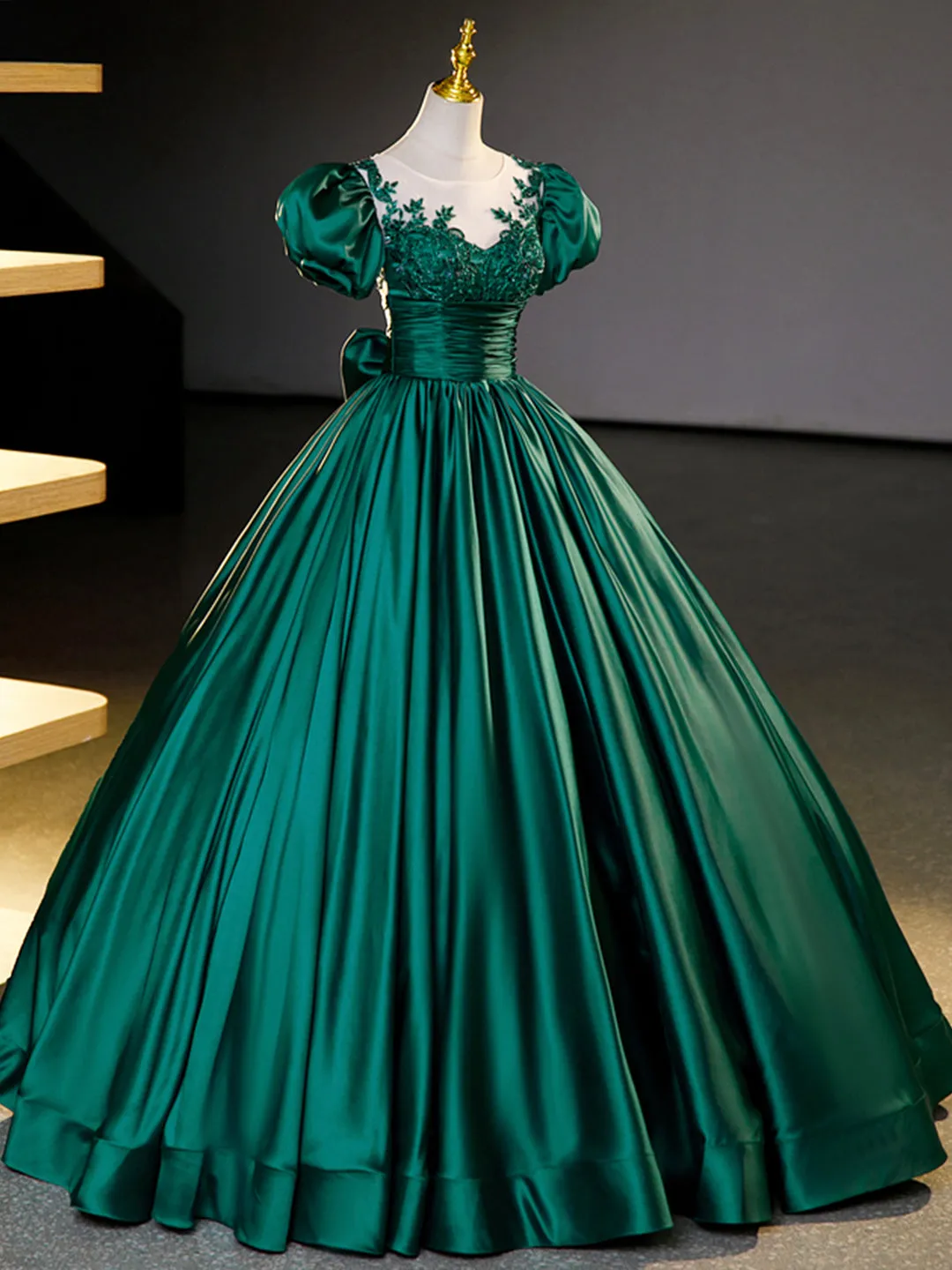 Green Satin Lace Floor Length Formal Dress, Short Sleeve A-Line Evening Dress