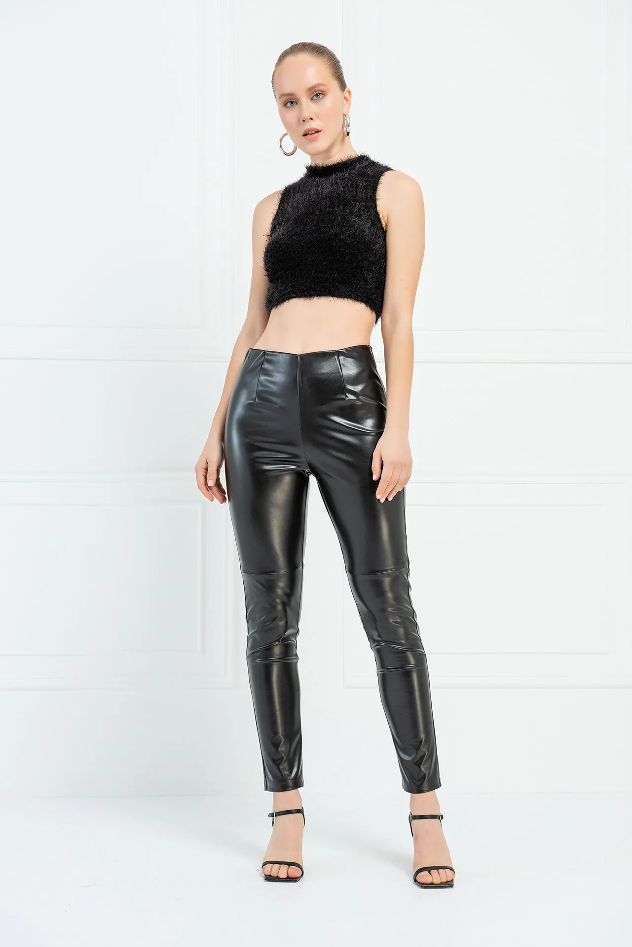 Hailee Hi Waist Vegan Leather Stretch Pants - Liquid Black