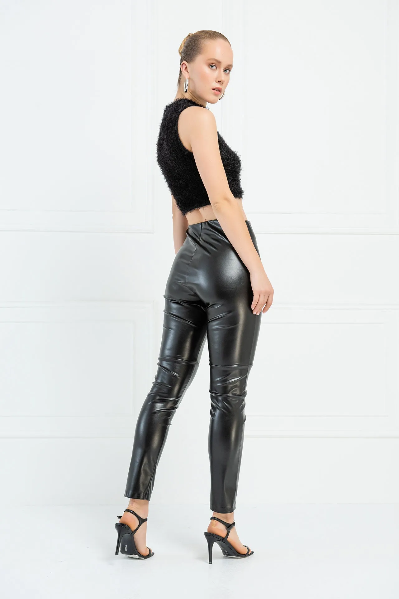 Hailee Hi Waist Vegan Leather Stretch Pants - Liquid Black