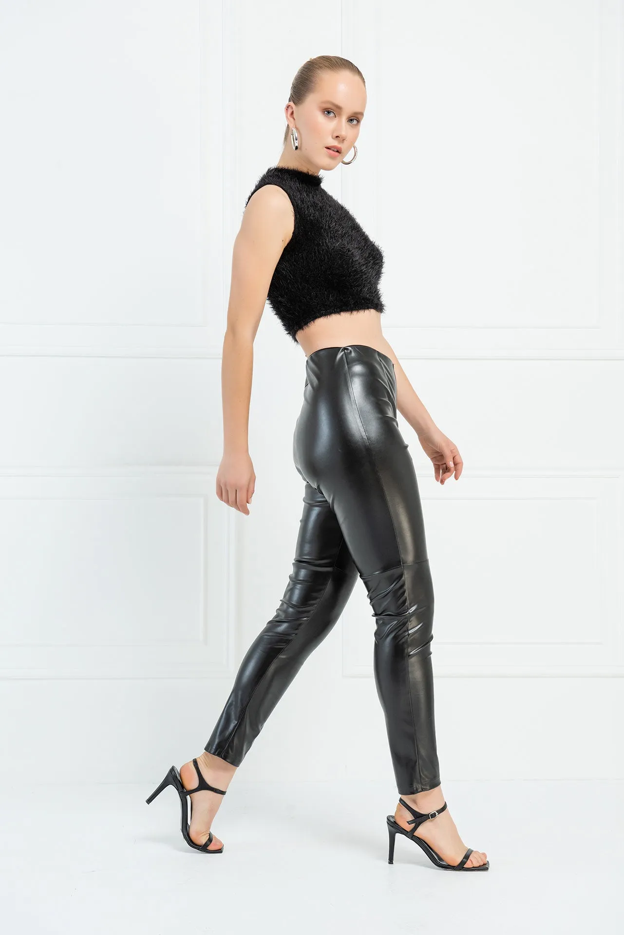 Hailee Hi Waist Vegan Leather Stretch Pants - Liquid Black