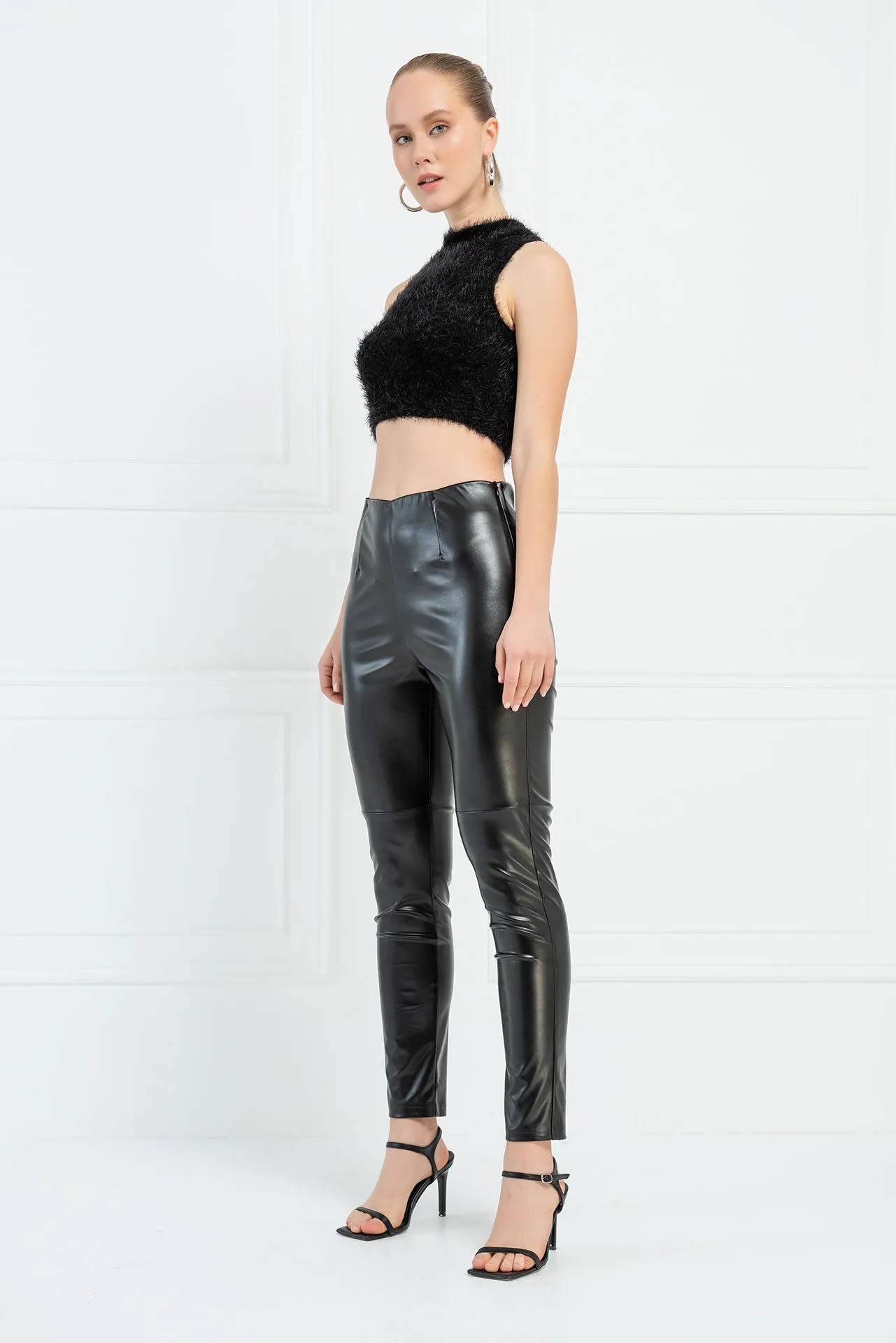 Hailee Hi Waist Vegan Leather Stretch Pants - Liquid Black