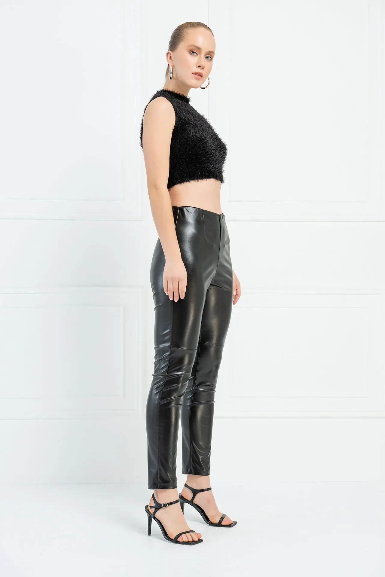 Hailee Hi Waist Vegan Leather Stretch Pants - Liquid Black