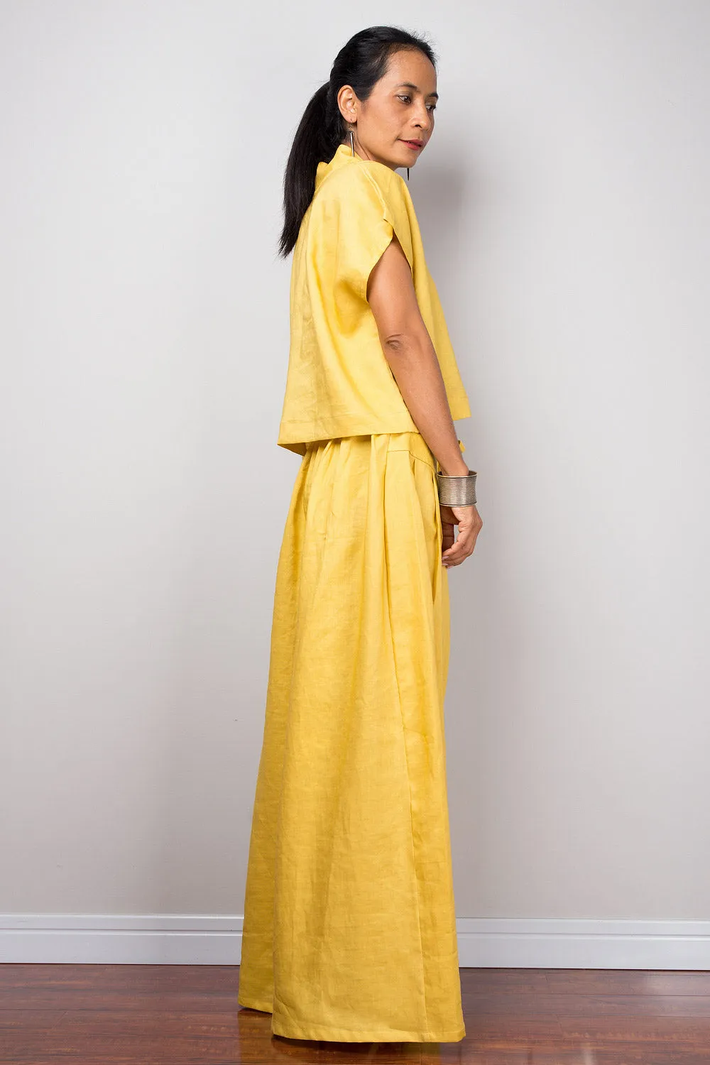 Handmade yellow natural linen long wide leg palazzo pants. Mustard yellow high waist women's summer pants