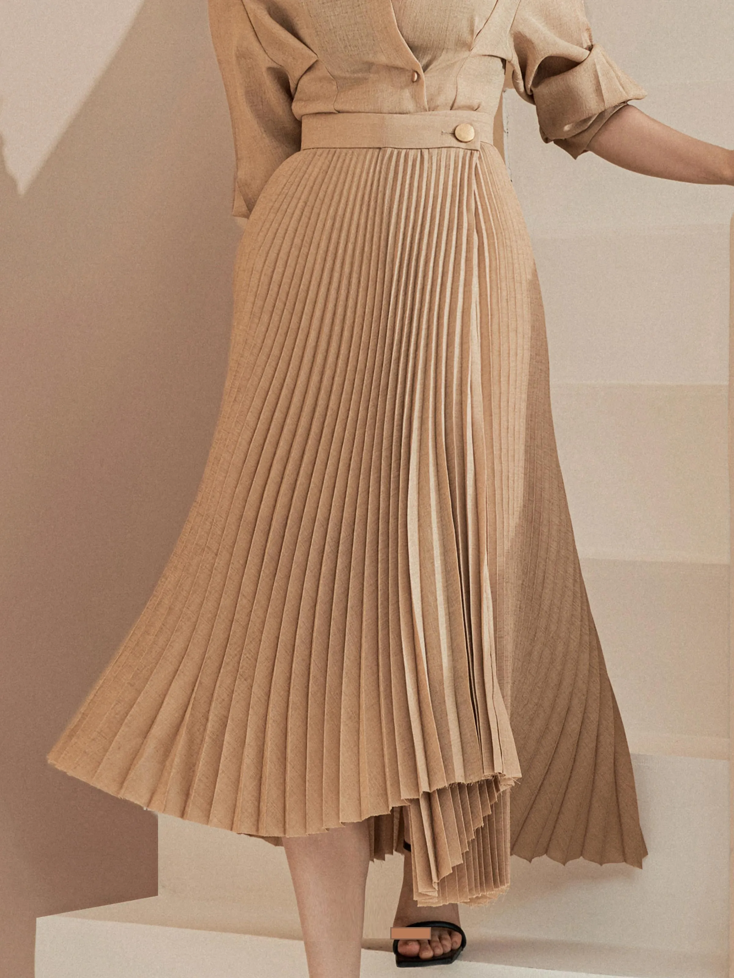 HIGH END PLEATED MIDI SKIRT WITH LONG SLEEVE SHIRT TWO PIECE SET - ANEDA