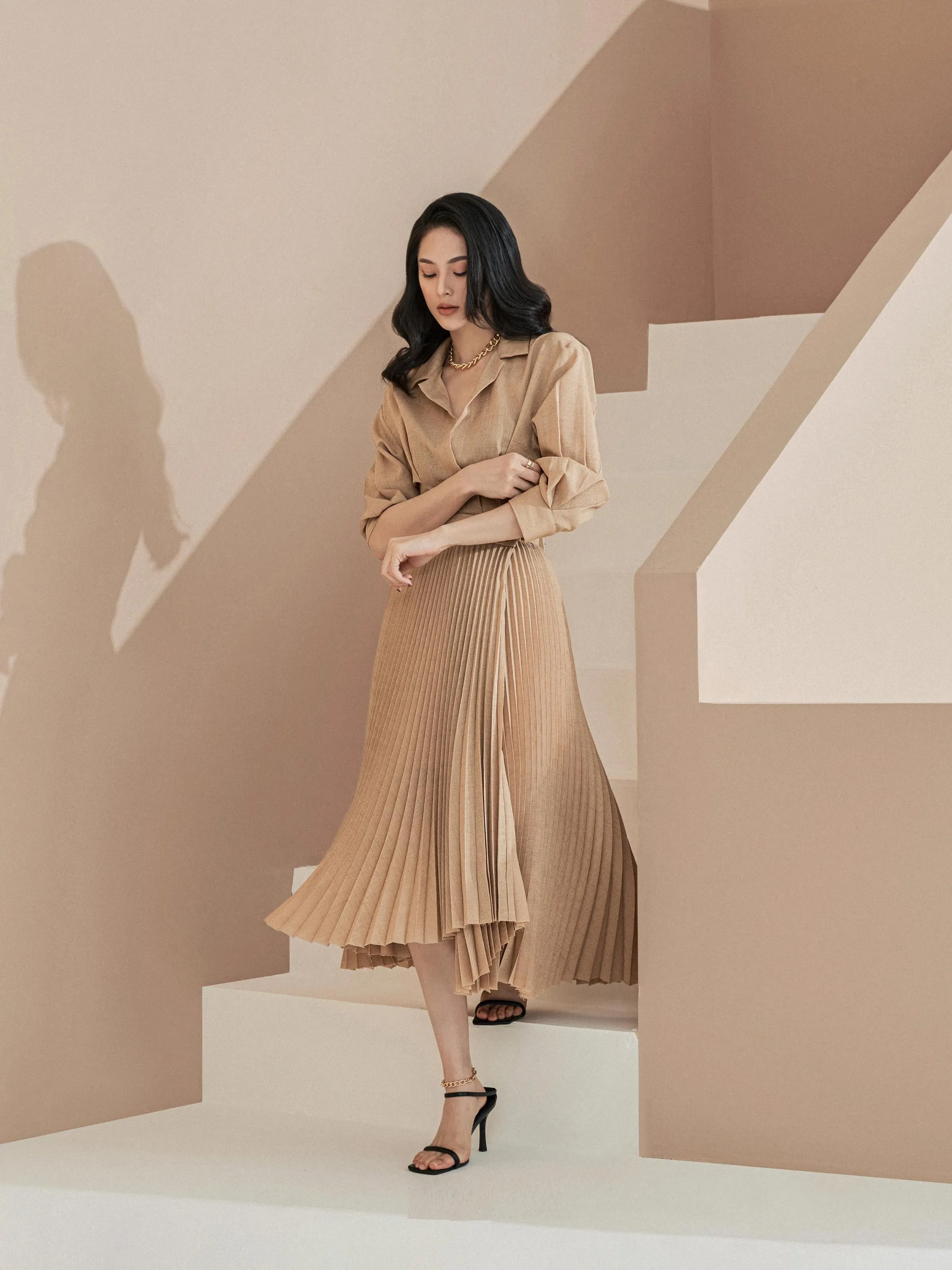 HIGH END PLEATED MIDI SKIRT WITH LONG SLEEVE SHIRT TWO PIECE SET - ANEDA