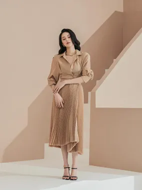 HIGH END PLEATED MIDI SKIRT WITH LONG SLEEVE SHIRT TWO PIECE SET - ANEDA