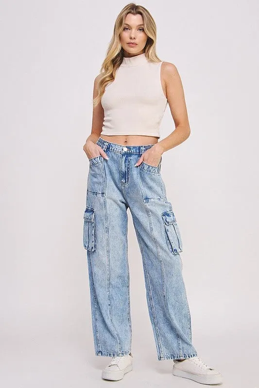 HIGH WAIST BAGGY DENIM CARGO ANKLE LENGTH TROUSERS - Plus Size - Online Exclusive