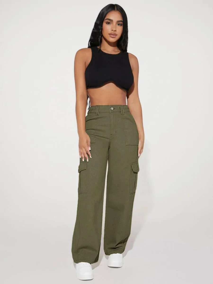 High Waist Pocket Cargo Jeans