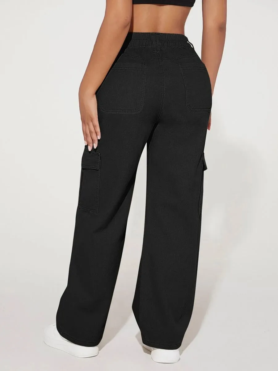 High Waist Pocket Cargo Jeans