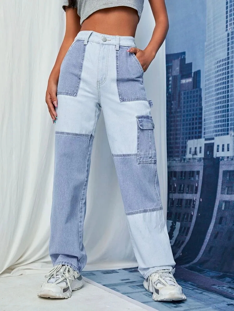 High Waist Two Tone Flap Pocket Cargo Jeans