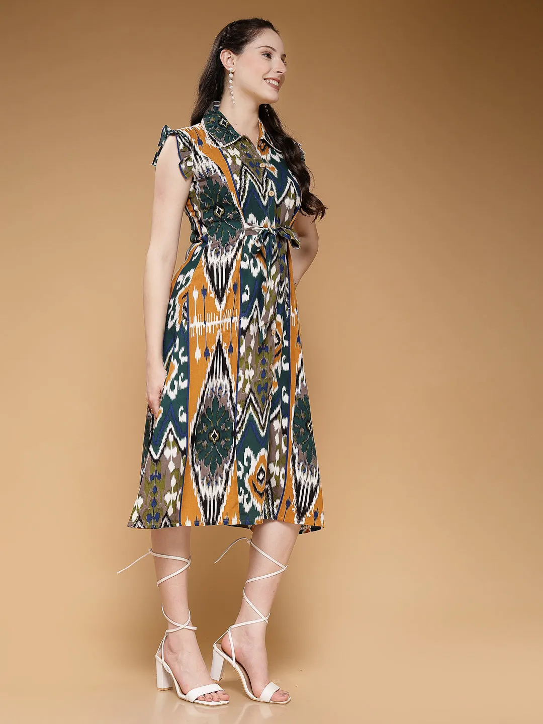 Indibelle Rayon Knotted Abstract Print A-Line Dress (Mustard)