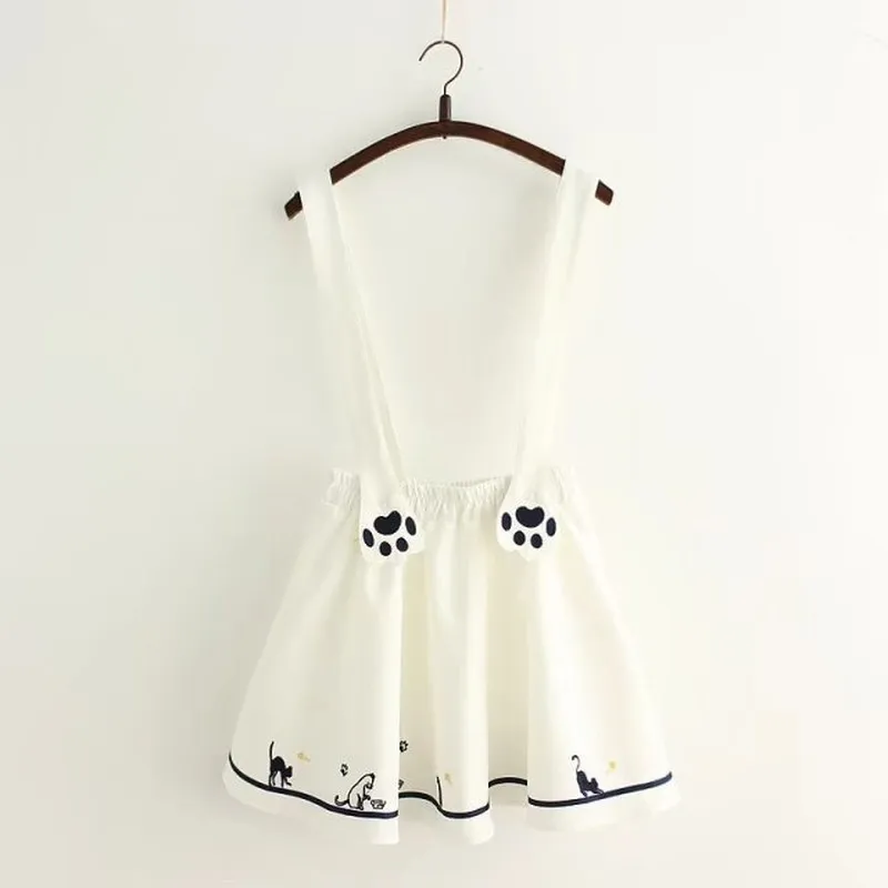 kawaii embroidered kitten footprints sweet suspender skirt pleated overall for juniors