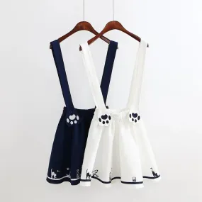 kawaii embroidered kitten footprints sweet suspender skirt pleated overall for juniors