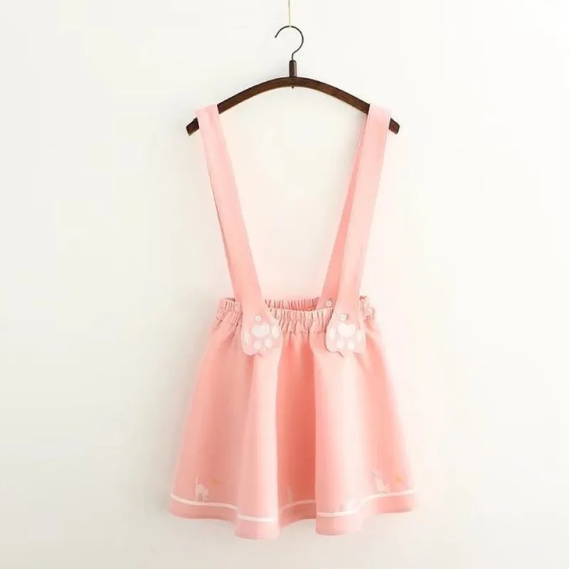 kawaii embroidered kitten footprints sweet suspender skirt pleated overall for juniors