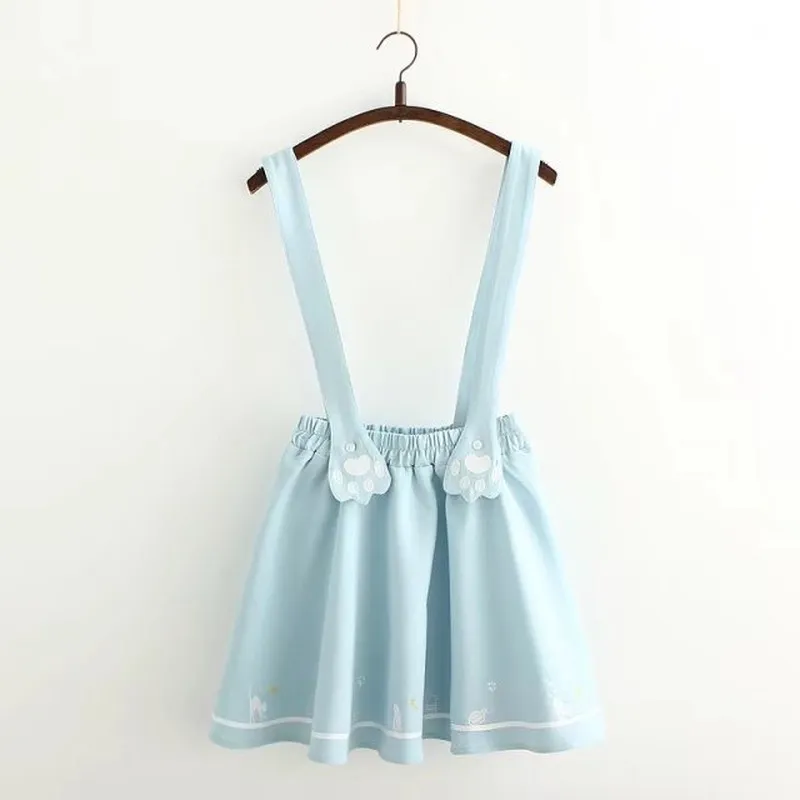 kawaii embroidered kitten footprints sweet suspender skirt pleated overall for juniors