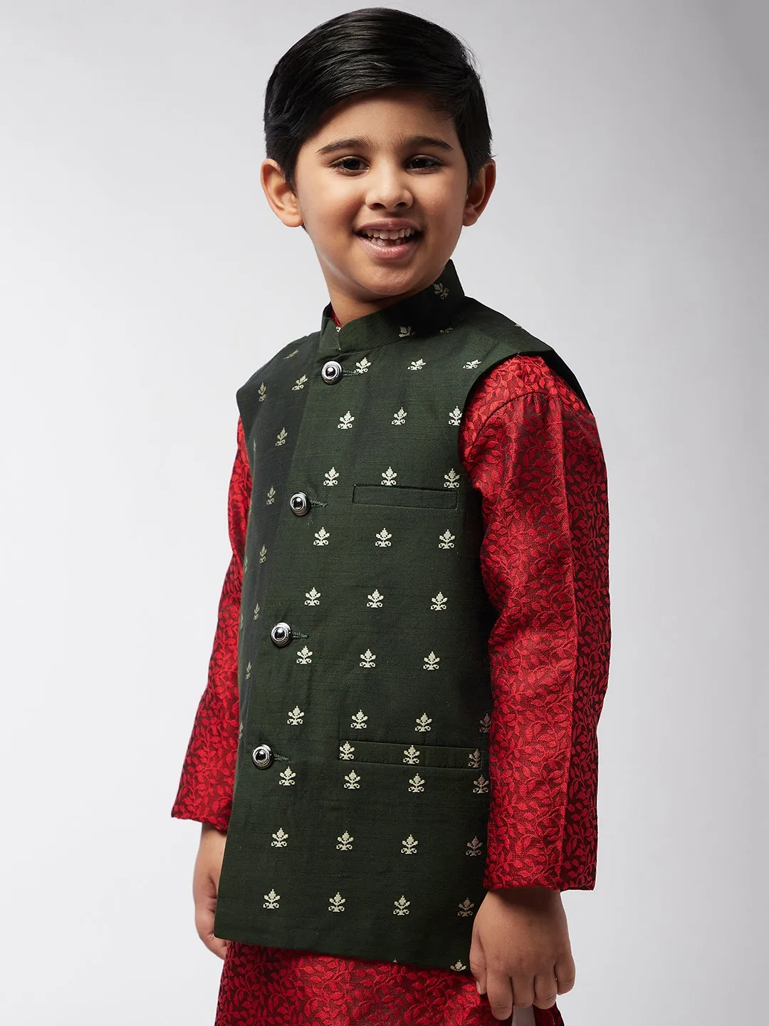 Kid's Cotton Blend Dark Green Self Design ONLY Nehru Jacket - Sojanya KID