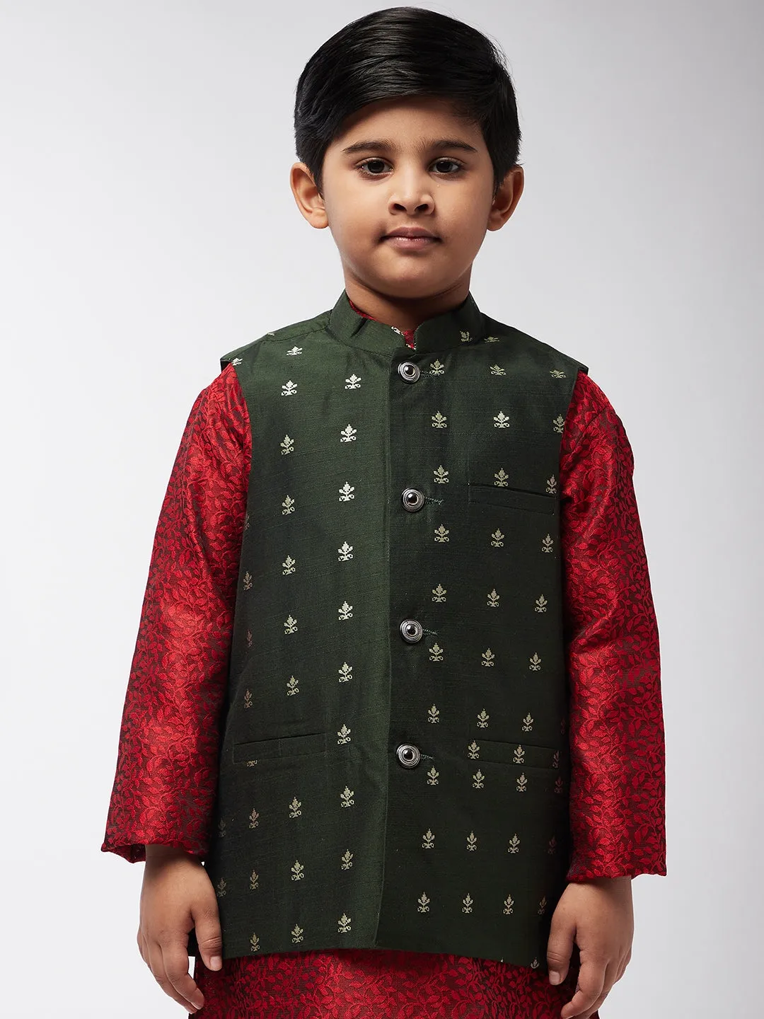 Kid's Cotton Blend Dark Green Self Design ONLY Nehru Jacket - Sojanya KID