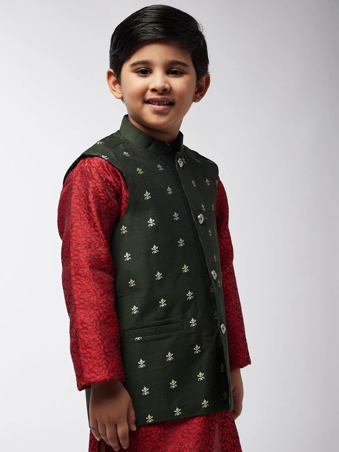 Kid's Cotton Blend Dark Green Self Design ONLY Nehru Jacket - Sojanya KID