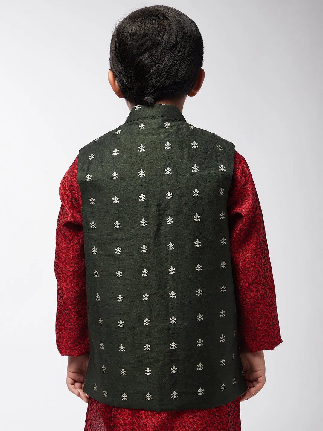 Kid's Cotton Blend Dark Green Self Design ONLY Nehru Jacket - Sojanya KID