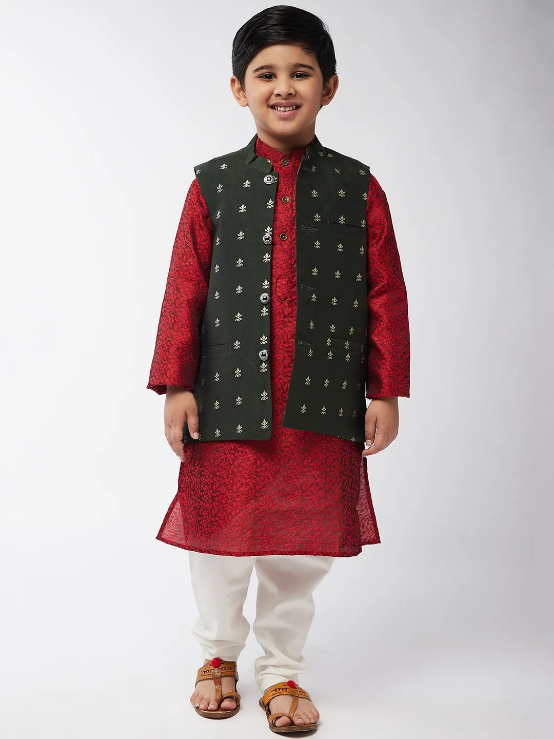 Kid's Cotton Blend Dark Green Self Design ONLY Nehru Jacket - Sojanya KID