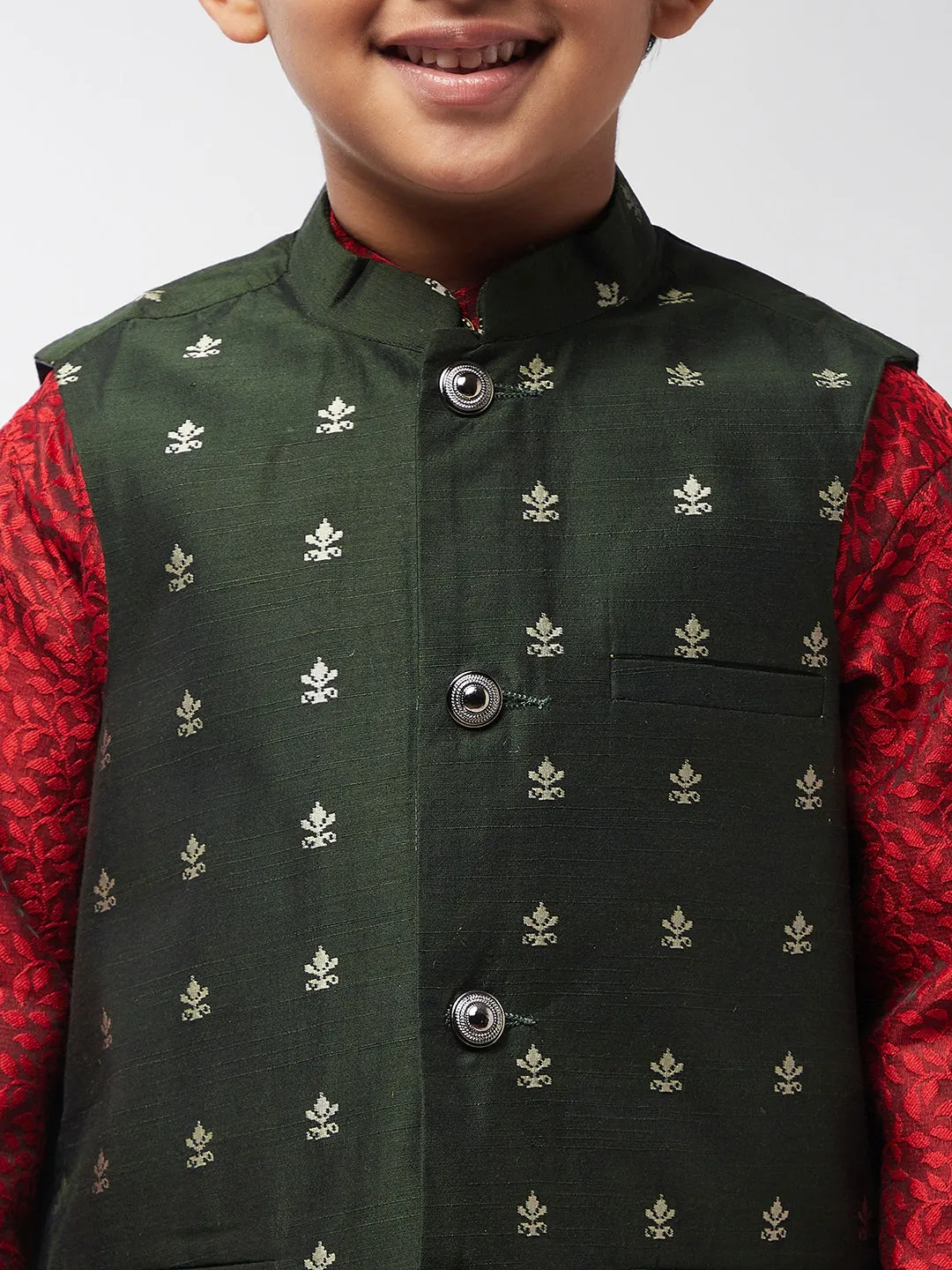 Kid's Cotton Blend Dark Green Self Design ONLY Nehru Jacket - Sojanya KID