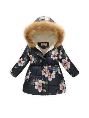 Kids Girls Cotton-Padded Flower Print and Fleece Hooded Jackets