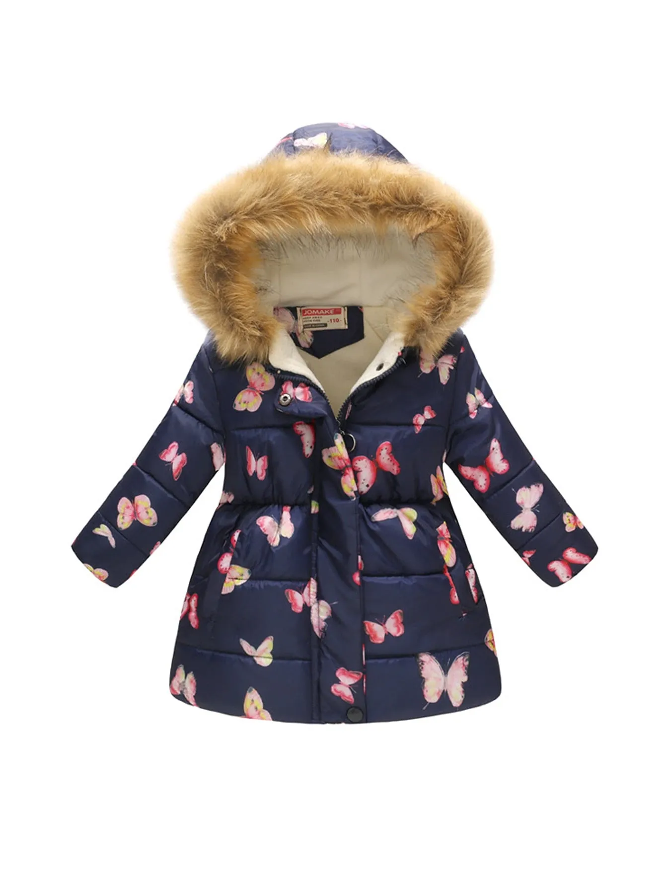 Kids Girls Cotton-Padded Flower Print and Fleece Hooded Jackets