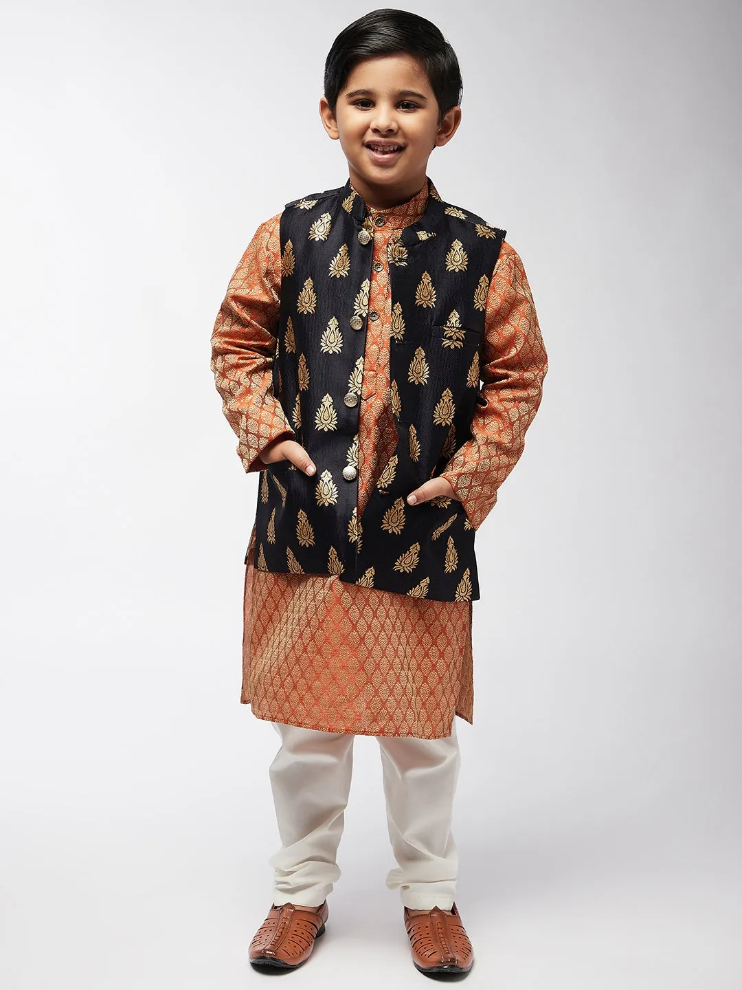 Kid's Jacquard Silk Black & Gold Self Design ONLY Nehru Jacket - Sojanya KID