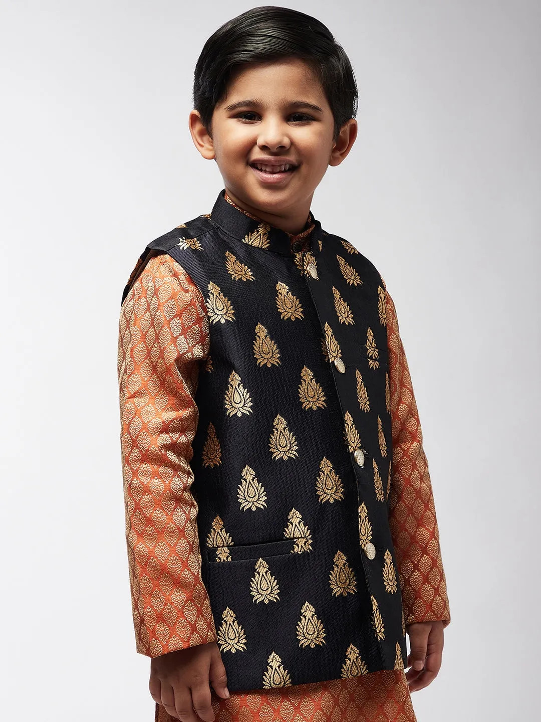 Kid's Jacquard Silk Black & Gold Self Design ONLY Nehru Jacket - Sojanya KID