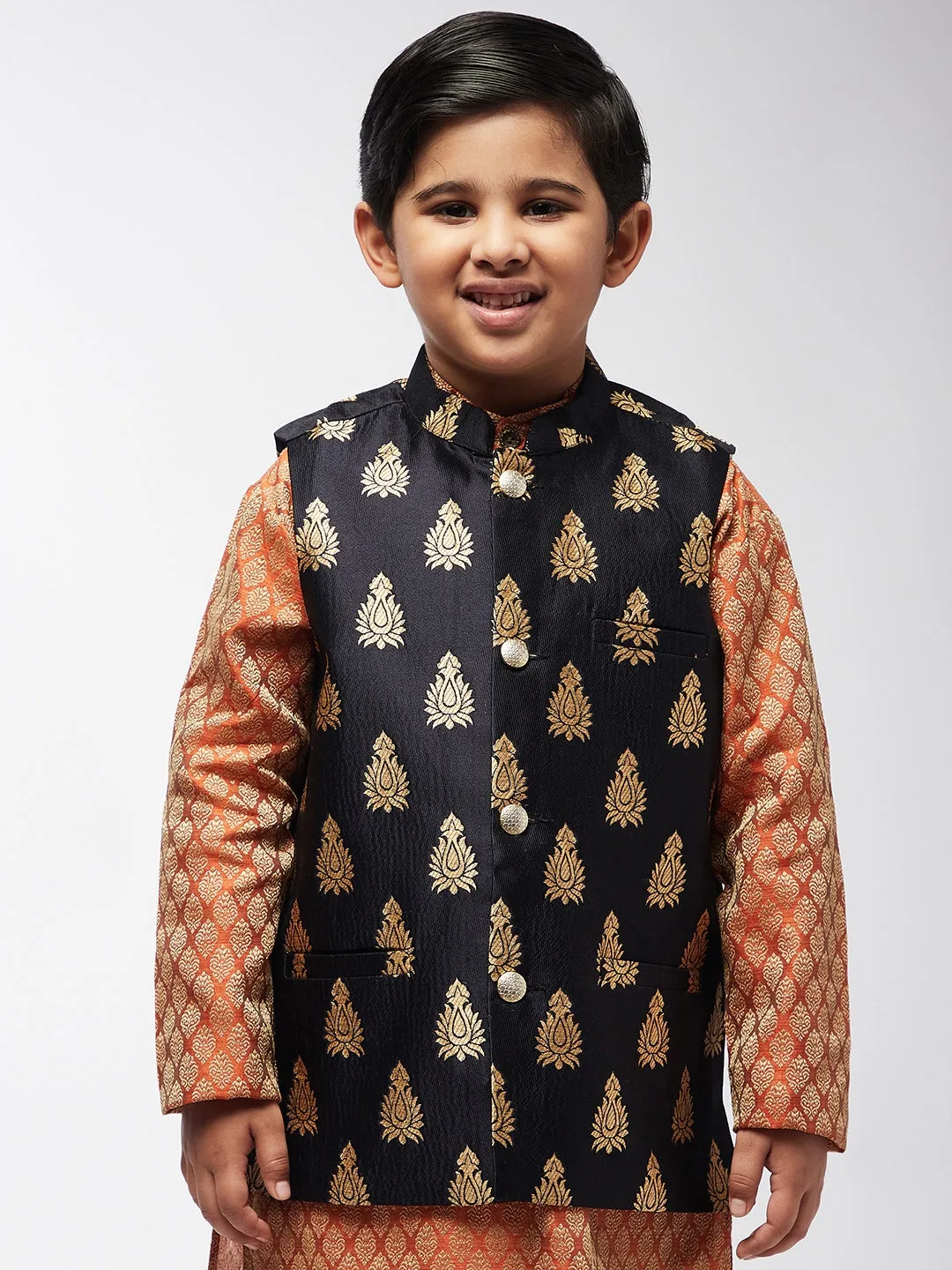 Kid's Jacquard Silk Black & Gold Self Design ONLY Nehru Jacket - Sojanya KID