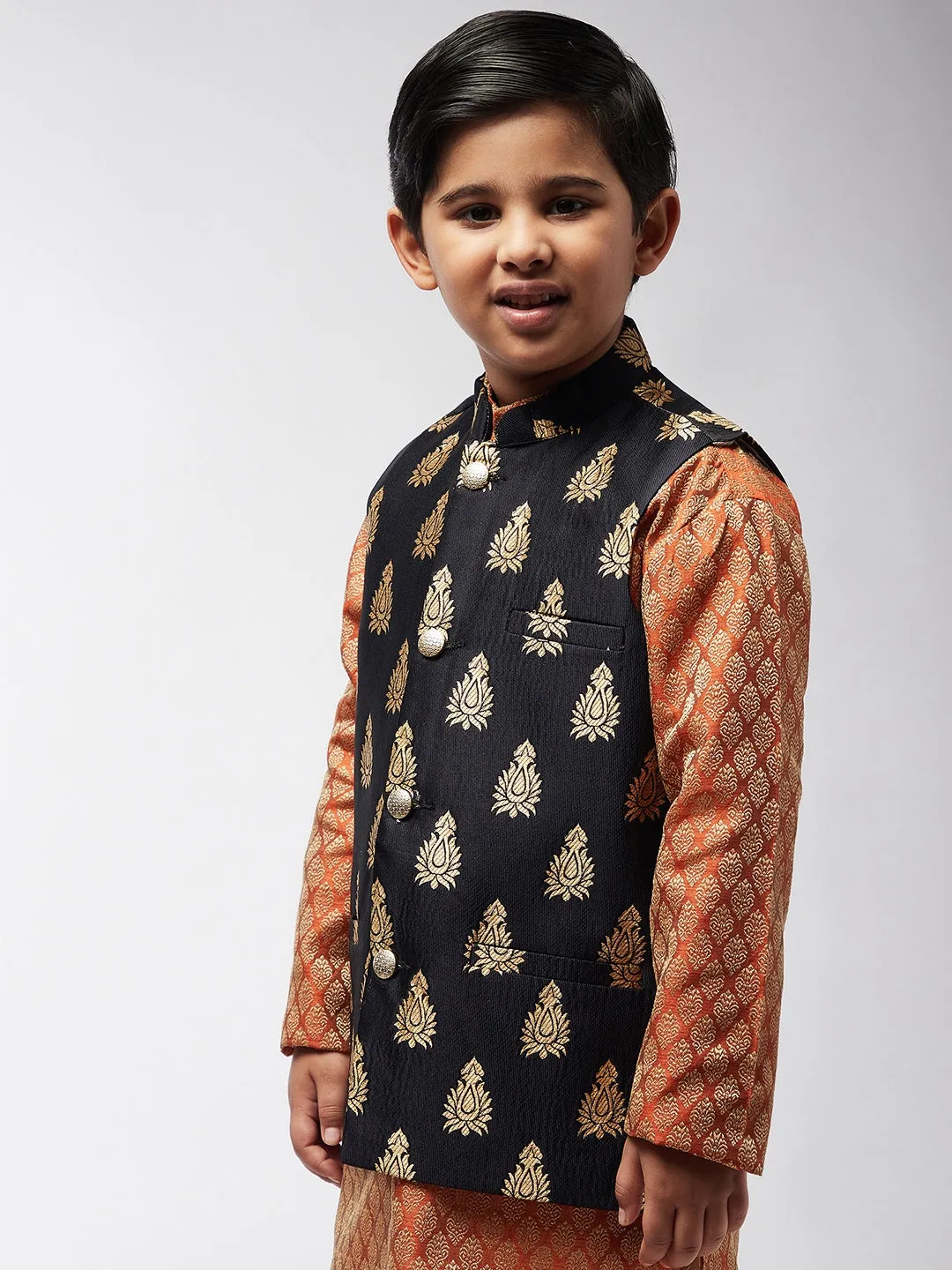 Kid's Jacquard Silk Black & Gold Self Design ONLY Nehru Jacket - Sojanya KID