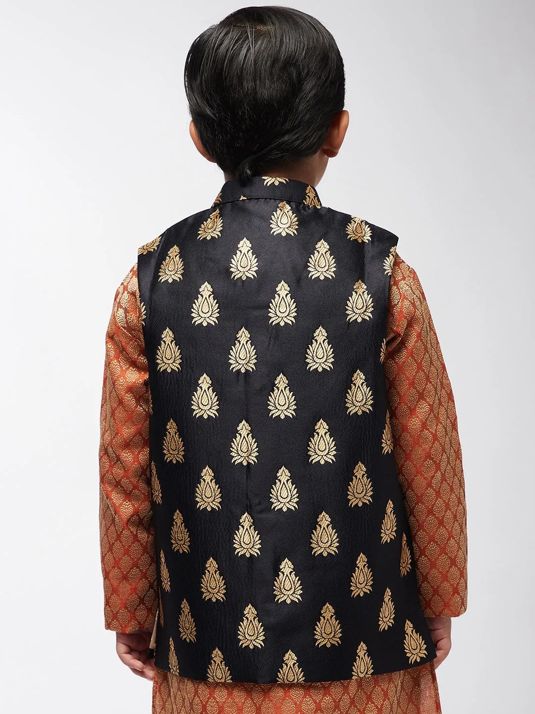 Kid's Jacquard Silk Black & Gold Self Design ONLY Nehru Jacket - Sojanya KID