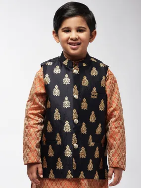 Kid's Jacquard Silk Black & Gold Self Design ONLY Nehru Jacket - Sojanya KID