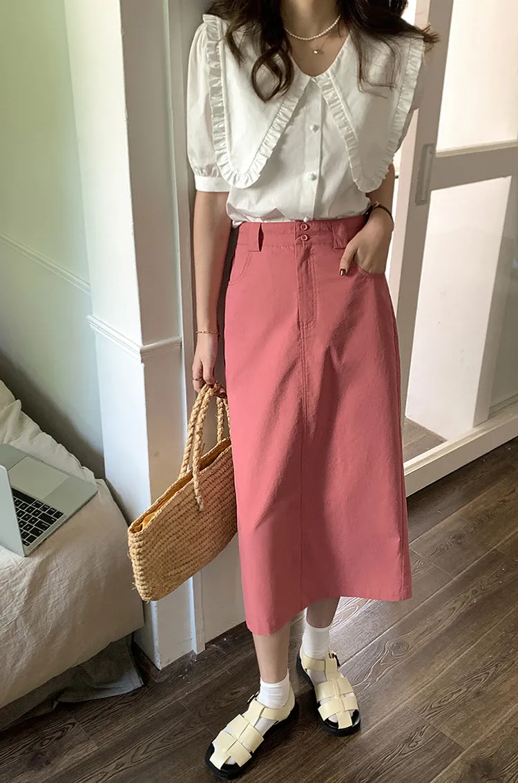 [Korean Style] 2 Colors Cinched Waist Long Slit Skirt w/ Pockets