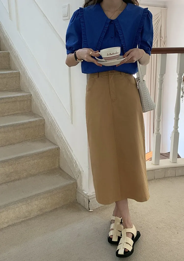 [Korean Style] 2 Colors Cinched Waist Long Slit Skirt w/ Pockets