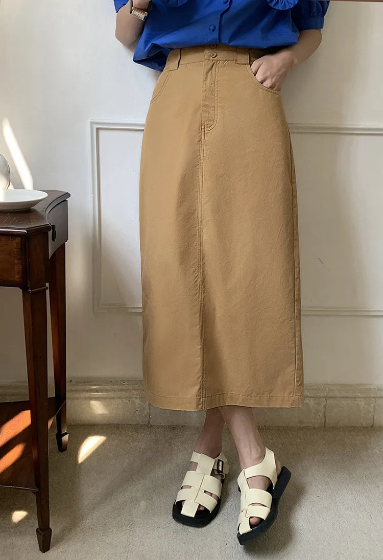 [Korean Style] 2 Colors Cinched Waist Long Slit Skirt w/ Pockets