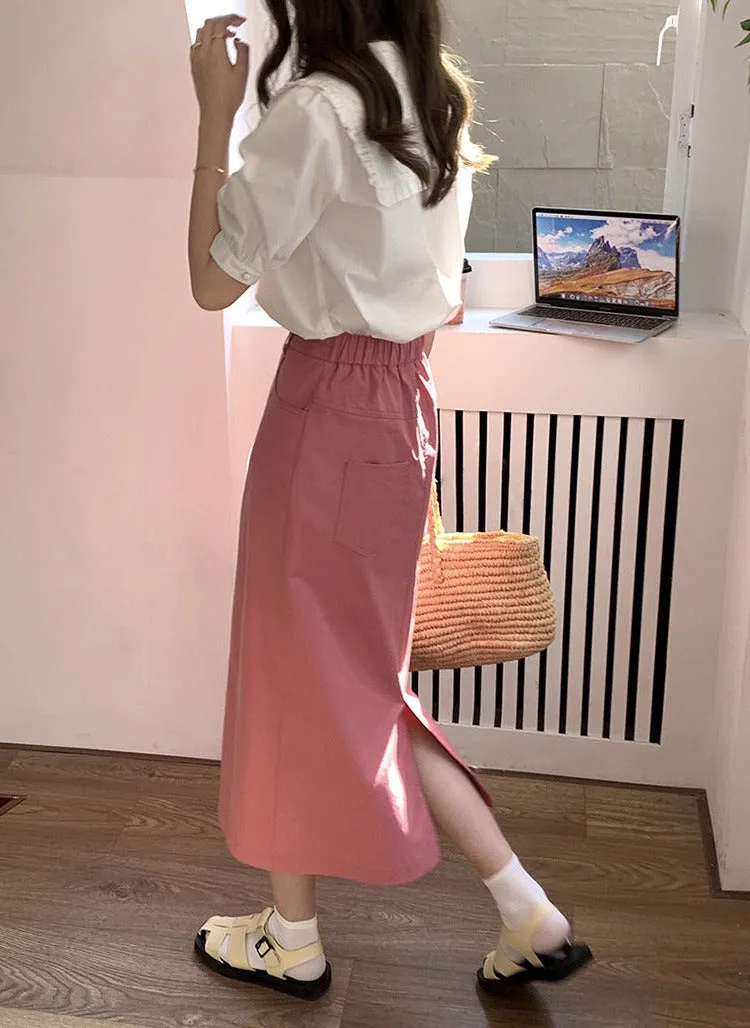 [Korean Style] 2 Colors Cinched Waist Long Slit Skirt w/ Pockets