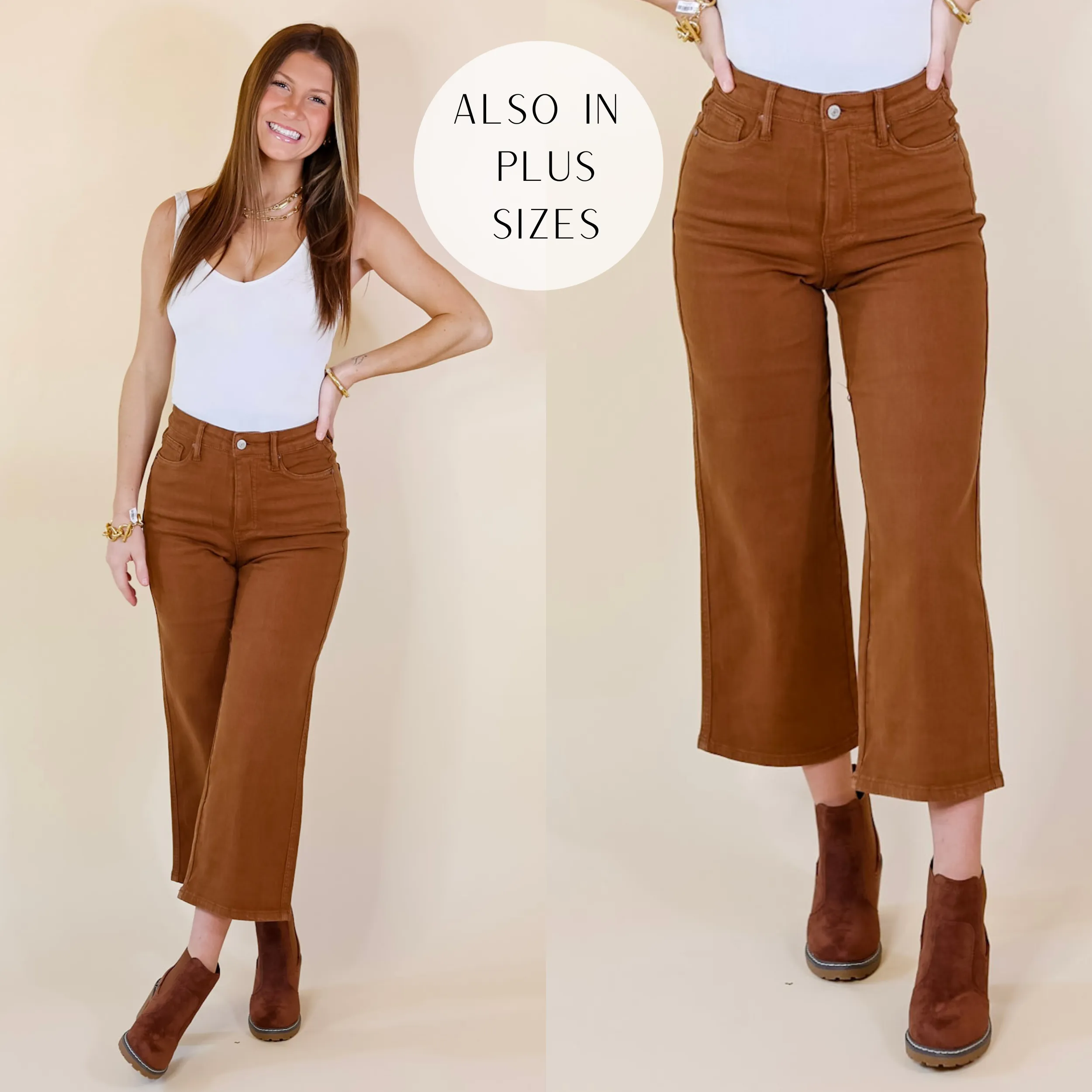 Last Chance Size 0, 1, 3, 7, 9, 15, 22W, & 24W |Judy Blue | Sign Me Up Tummy Control Cropped Wide Leg Jeans in Camel Brown