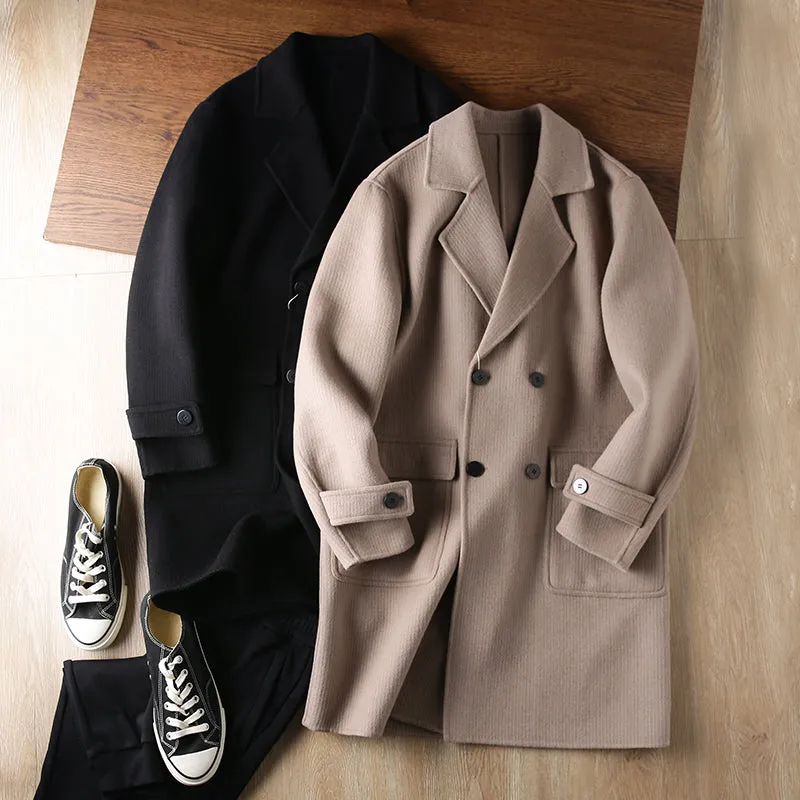 Lt. Luxury men's mid-length double-breasted woolen coat jacket