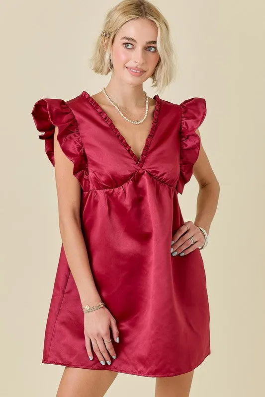 Maroon Ruffle Satin Babydoll Dress