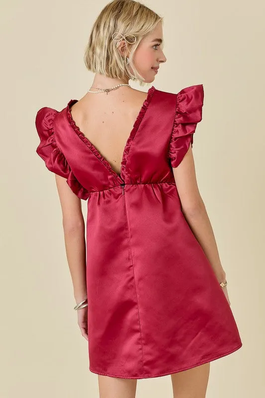 Maroon Ruffle Satin Babydoll Dress