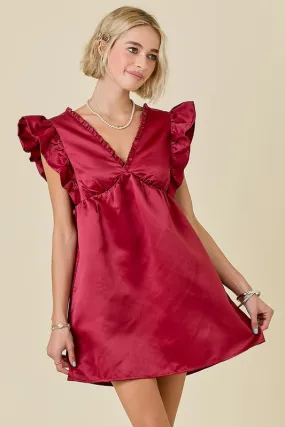 Maroon Ruffle Satin Babydoll Dress