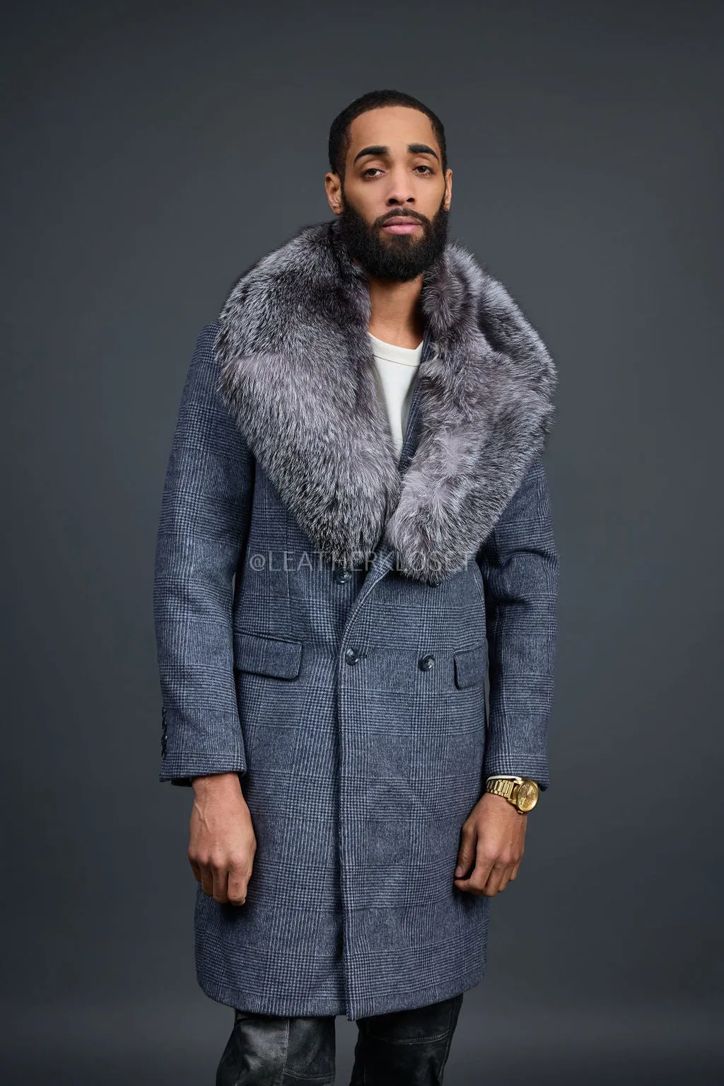 Men's Cashmere Trench Coat Grey With Fox Collar [Silver Fox]