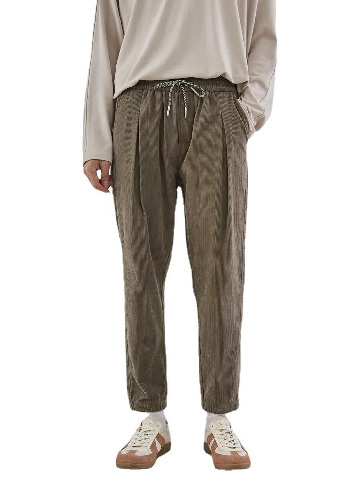 Mens Corduroy Pants Autumn Urban Drawstring Casual Pants Men Solid Color Straight-Leg Trousers