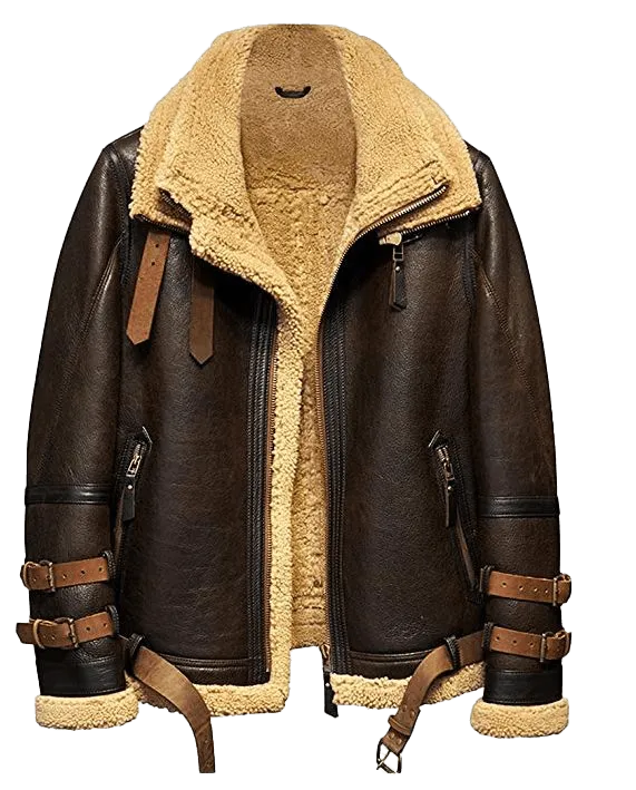 Men's Dunkirk Tom Hardy B3 Raf Real Sheepskin Sherling Brown Leather Jacket