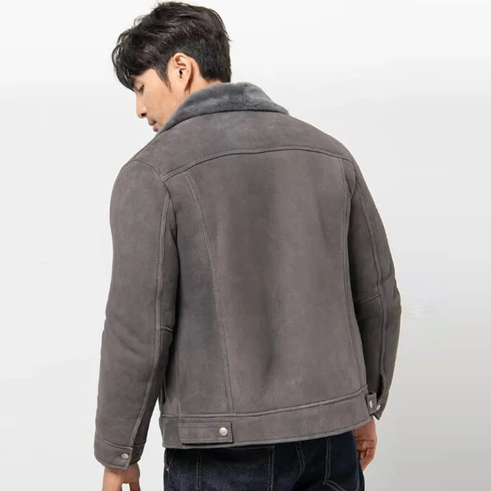 Men's Grey Shearling Suede Jacket - Sheepskin Coat