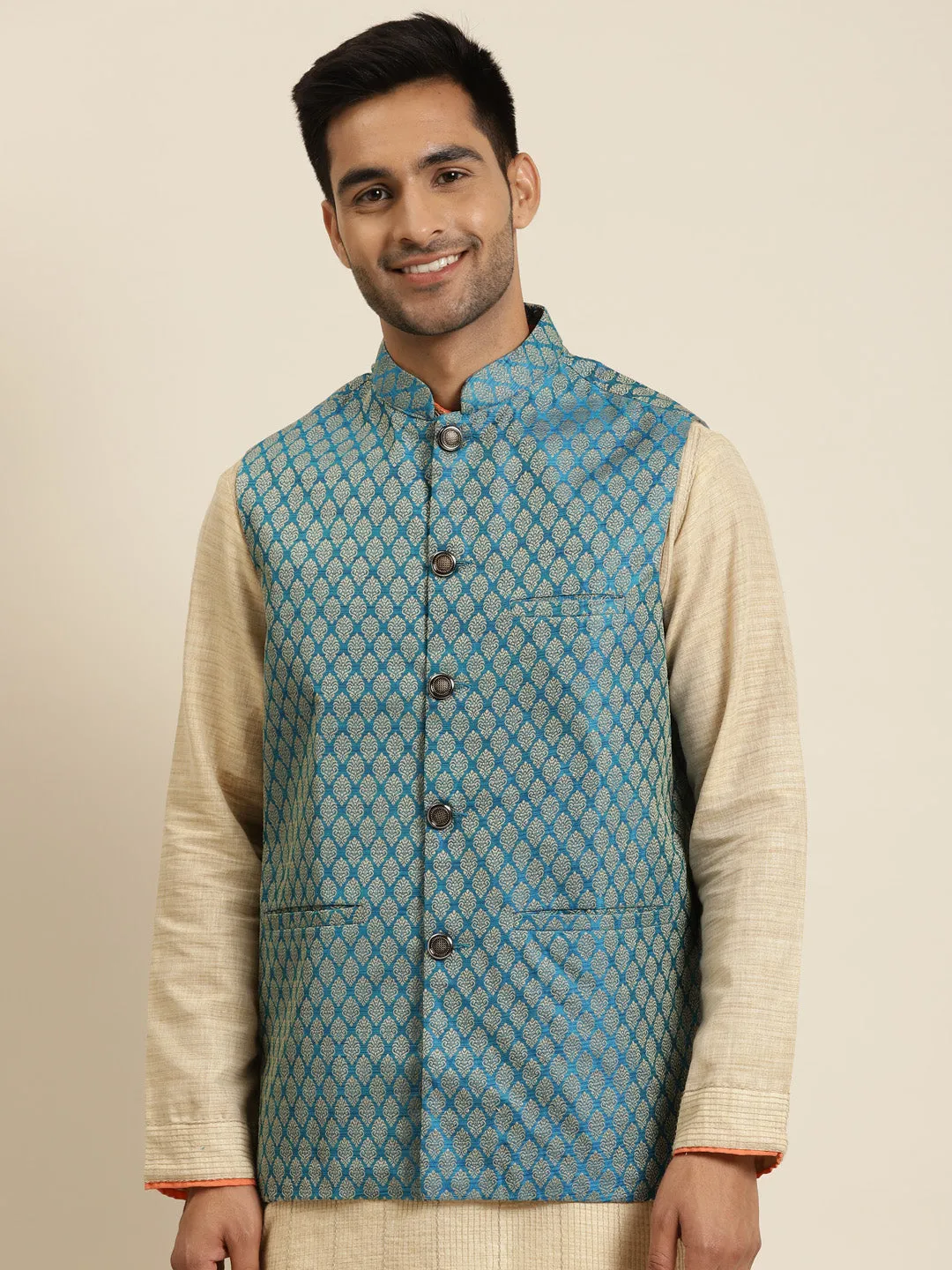 Men's Jacquard Silk Peacock Blue Self Design ONLY Nehrujacket - Sojanya