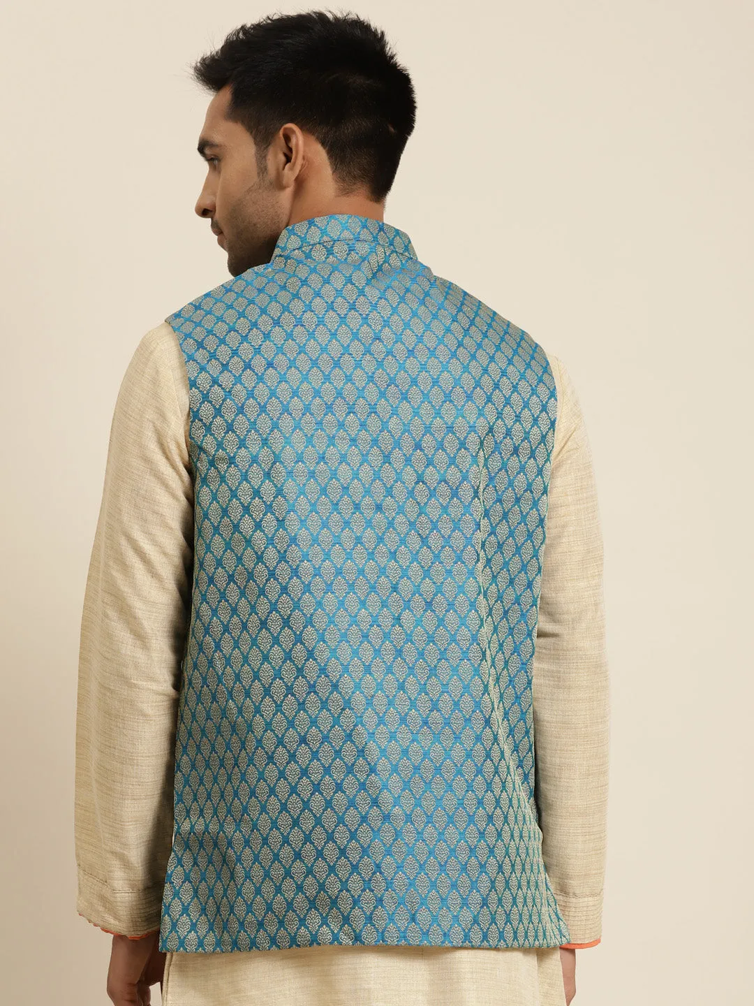 Men's Jacquard Silk Peacock Blue Self Design ONLY Nehrujacket - Sojanya